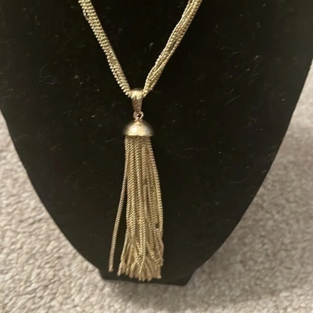 Gold Tone Multi-Strand Tassel Pendant Necklace Long Statement Jewelry
